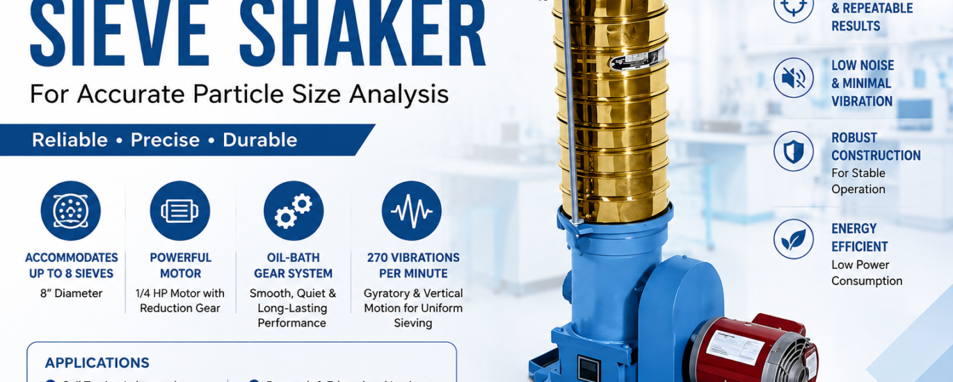 High-performance Laboratory Sieve Shaker for accurate particle size analysis in soil, aggregate, cement, and material testing by Sethi Instruments.